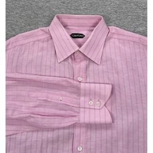 Tom Ford Shirt Mens 17.5 / 44 Pink Striped Button Up Cotton Linen Swiss Made